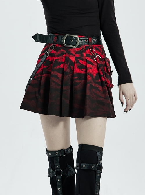 Abstract Print Dip-Dye Metal Buckle Leather Buckle Decoration Punk A Hem Half Skirt
