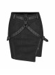 Black Punk Belt Buttonhole Decoration Pinstripe Stretch Weaved Fabric Tight Half Skirt