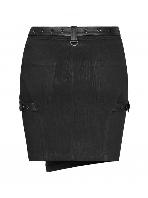 Black Punk Belt Buttonhole Decoration Pinstripe Stretch Weaved Fabric Tight Half Skirt