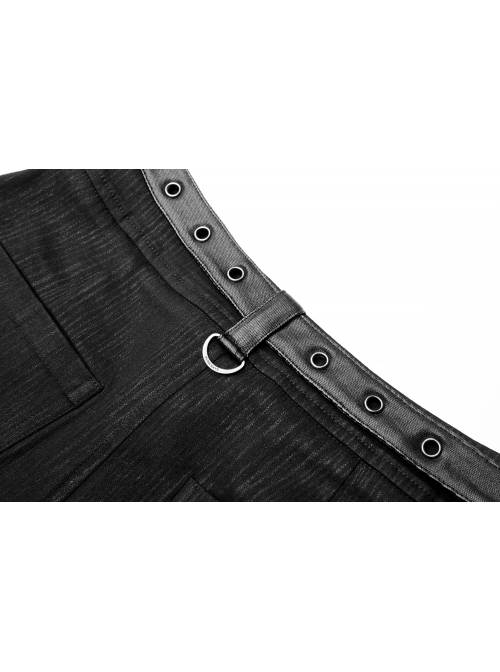 Black Punk Belt Buttonhole Decoration Pinstripe Stretch Weaved Fabric Tight Half Skirt