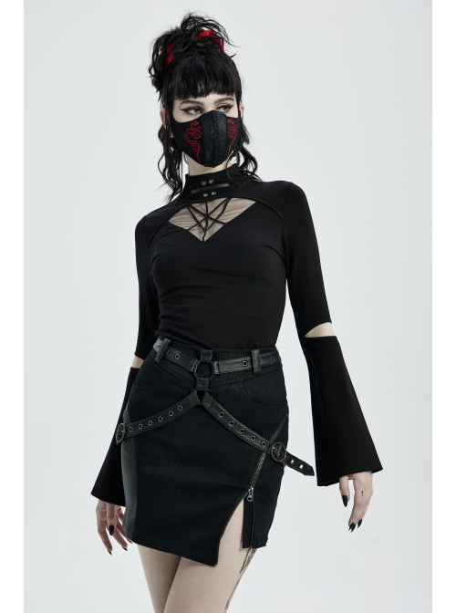 Black Punk Belt Buttonhole Decoration Pinstripe Stretch Weaved Fabric Tight Half Skirt