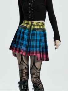 Punk Color Plaid Fabric Front Zipper Design Belt Studs Decoration Plaid Half Skirt