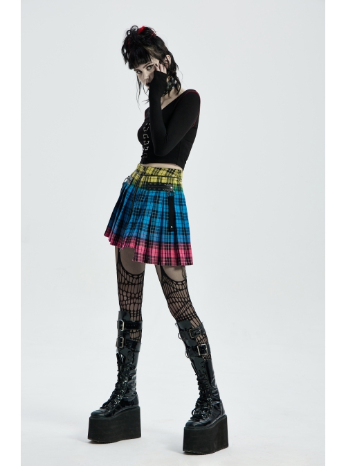 Punk Color Plaid Fabric Front Zipper Design Belt Studs Decoration Plaid Half Skirt