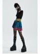 Punk Color Plaid Fabric Front Zipper Design Belt Studs Decoration Plaid Half Skirt