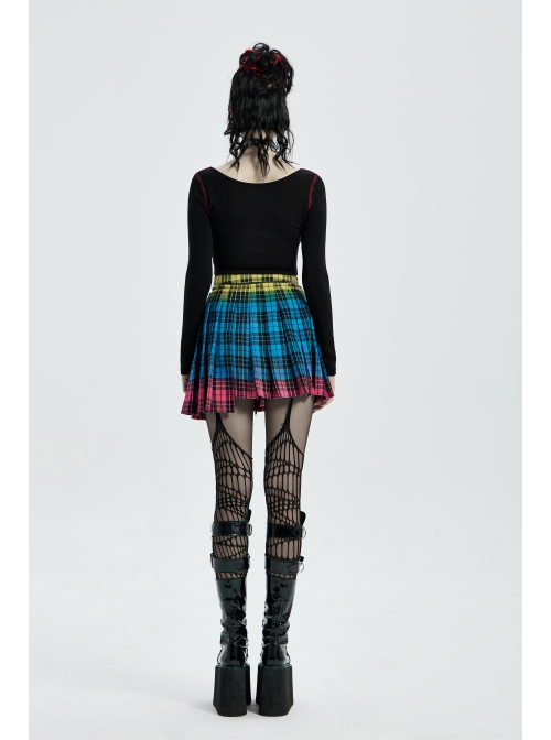 Punk Color Plaid Fabric Front Zipper Design Belt Studs Decoration Plaid Half Skirt
