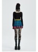 Punk Color Plaid Fabric Front Zipper Design Belt Studs Decoration Plaid Half Skirt