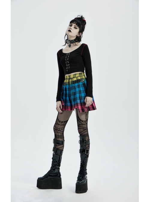 Punk Color Plaid Fabric Front Zipper Design Belt Studs Decoration Plaid Half Skirt