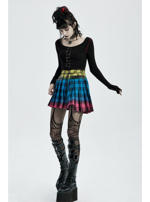 Punk Color Plaid Fabric Front Zipper Design Belt Studs Decoration Plaid Half Skirt