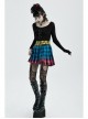 Punk Color Plaid Fabric Front Zipper Design Belt Studs Decoration Plaid Half Skirt
