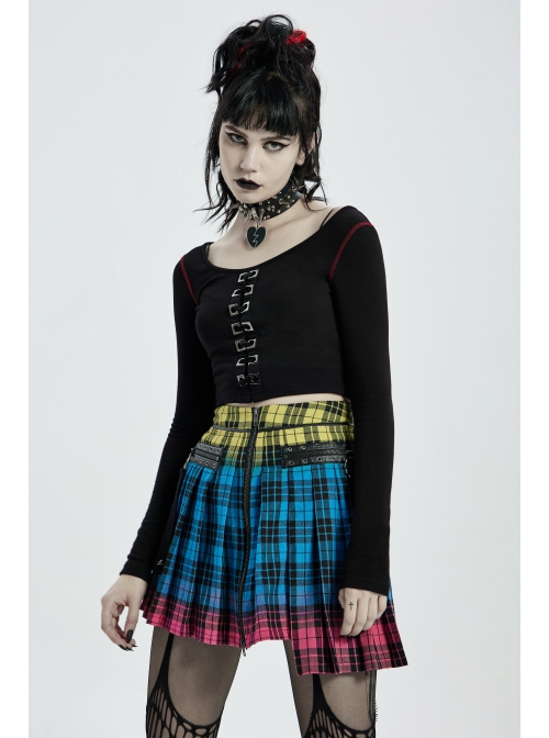 Punk Color Plaid Fabric Front Zipper Design Belt Studs Decoration Plaid Half Skirt