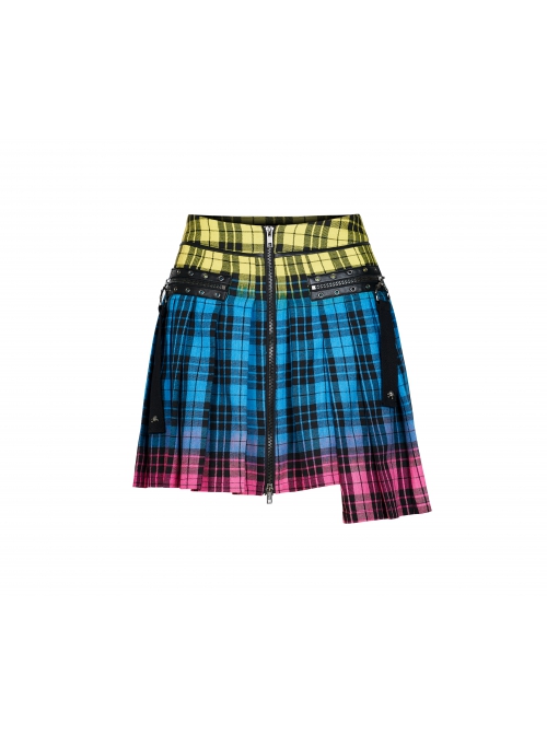 Punk Color Plaid Fabric Front Zipper Design Belt Studs Decoration Plaid Half Skirt