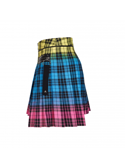 Punk Color Plaid Fabric Front Zipper Design Belt Studs Decoration Plaid Half Skirt