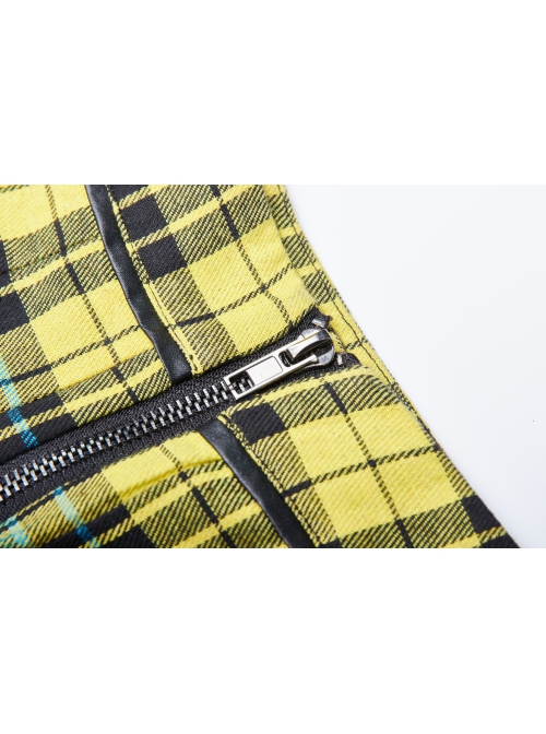 Punk Color Plaid Fabric Front Zipper Design Belt Studs Decoration Plaid Half Skirt