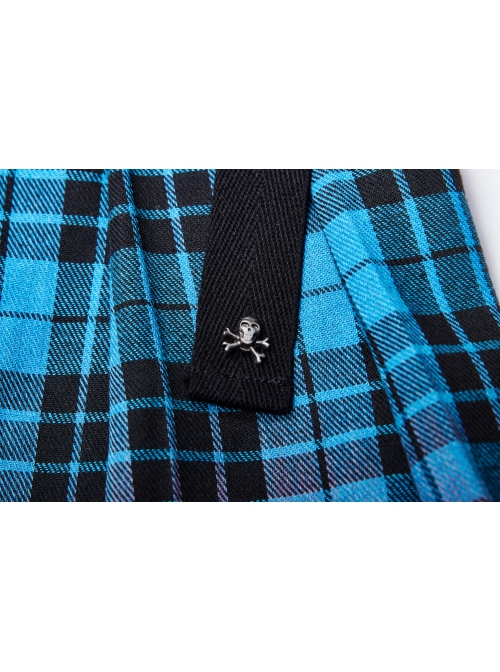 Punk Color Plaid Fabric Front Zipper Design Belt Studs Decoration Plaid Half Skirt