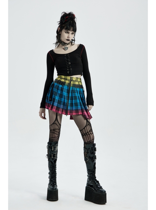 Punk Color Plaid Fabric Front Zipper Design Belt Studs Decoration Plaid Half Skirt