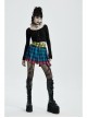 Punk Color Plaid Fabric Front Zipper Design Belt Studs Decoration Plaid Half Skirt
