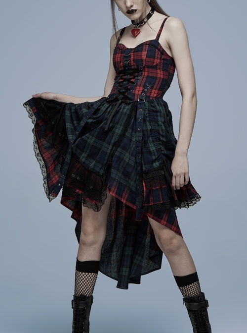 Punk Pink Blue Plaid Tie Rope Design Buttonhole Lace Trim On Hem Dress