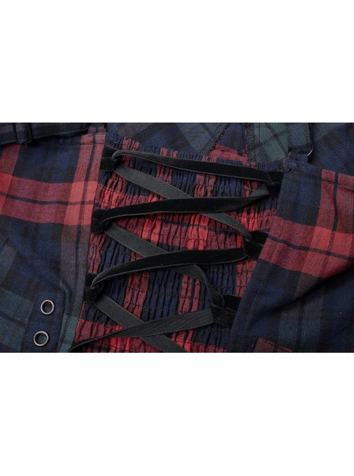 Punk Pink Blue Plaid Tie Rope Design Buttonhole Lace Trim On Hem Dress