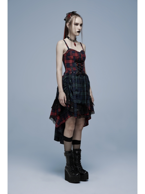 Punk Pink Blue Plaid Tie Rope Design Buttonhole Lace Trim On Hem Dress