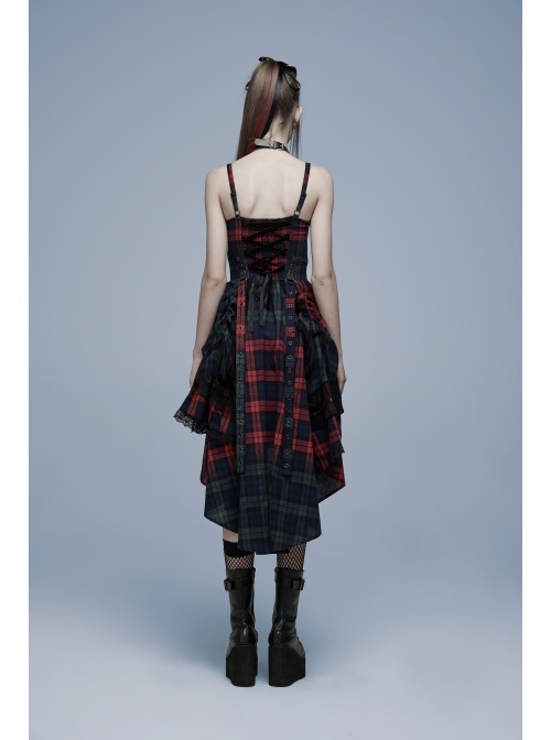 Punk Pink Blue Plaid Tie Rope Design Buttonhole Lace Trim On Hem Dress