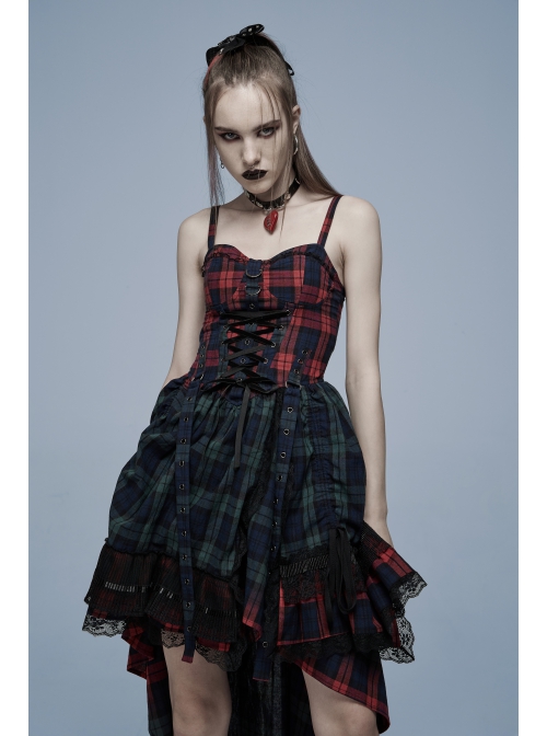 Punk Pink Blue Plaid Tie Rope Design Buttonhole Lace Trim On Hem Dress