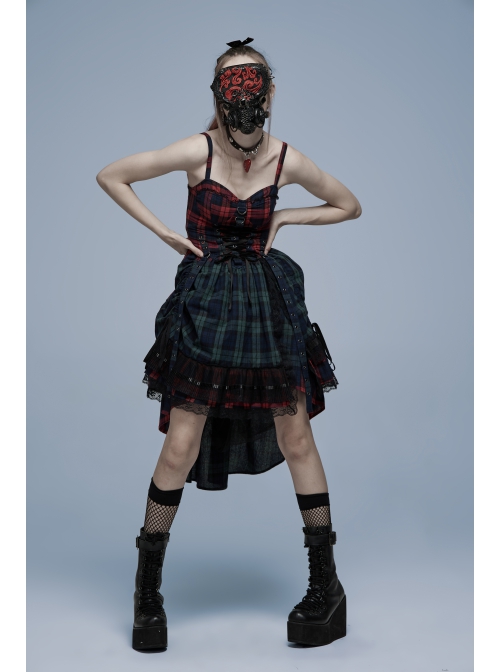 Punk Pink Blue Plaid Tie Rope Design Buttonhole Lace Trim On Hem Dress