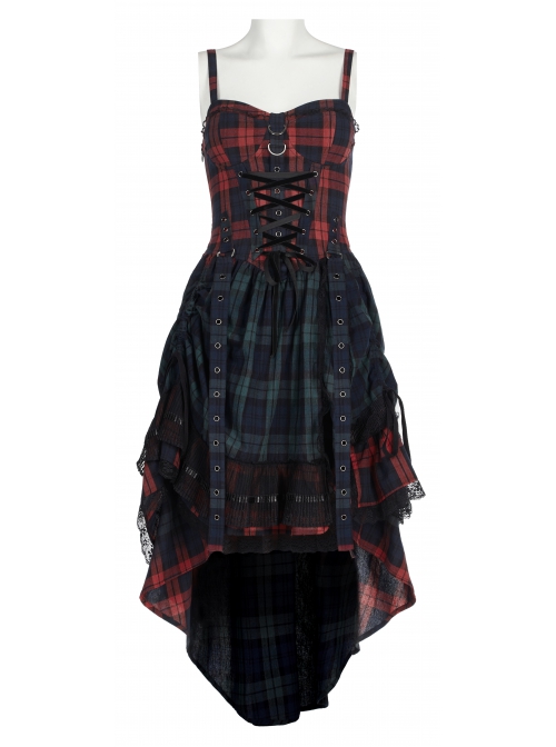 Punk Pink Blue Plaid Tie Rope Design Buttonhole Lace Trim On Hem Dress