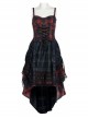 Punk Pink Blue Plaid Tie Rope Design Buttonhole Lace Trim On Hem Dress