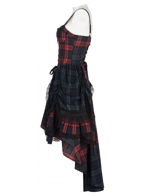 Punk Pink Blue Plaid Tie Rope Design Buttonhole Lace Trim On Hem Dress