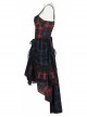 Punk Pink Blue Plaid Tie Rope Design Buttonhole Lace Trim On Hem Dress