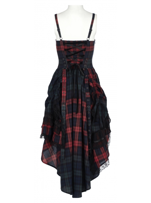 Punk Pink Blue Plaid Tie Rope Design Buttonhole Lace Trim On Hem Dress