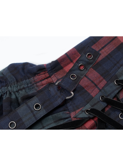 Punk Pink Blue Plaid Tie Rope Design Buttonhole Lace Trim On Hem Dress