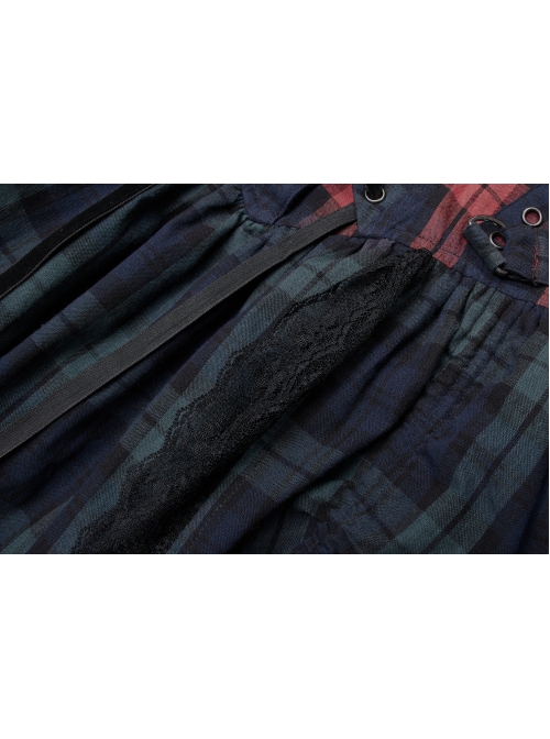 Punk Pink Blue Plaid Tie Rope Design Buttonhole Lace Trim On Hem Dress