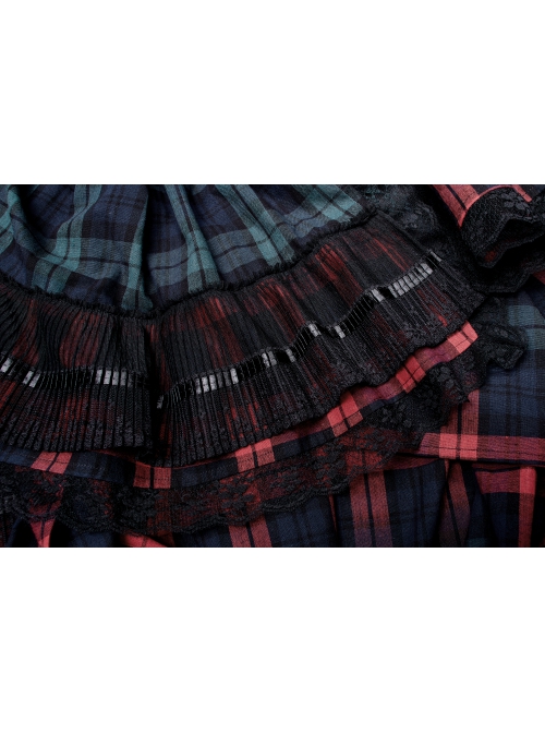 Punk Pink Blue Plaid Tie Rope Design Buttonhole Lace Trim On Hem Dress