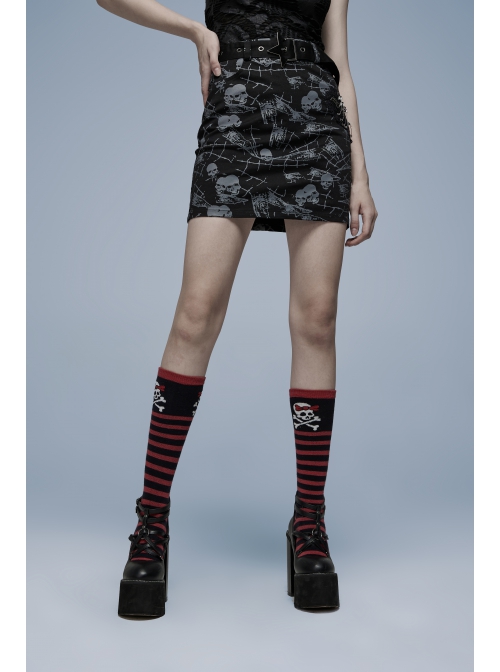 Goth Cotton Stretch Removable Belt Skull Pattern Print Decoration Skirt