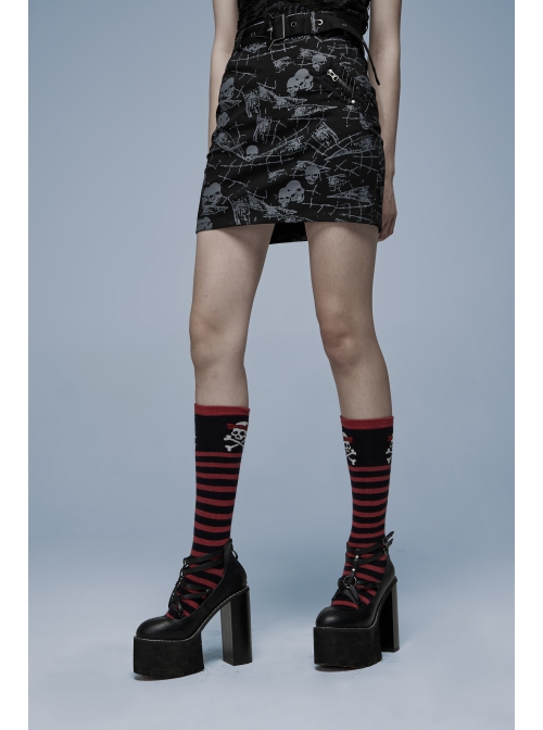 Goth Cotton Stretch Removable Belt Skull Pattern Print Decoration Skirt