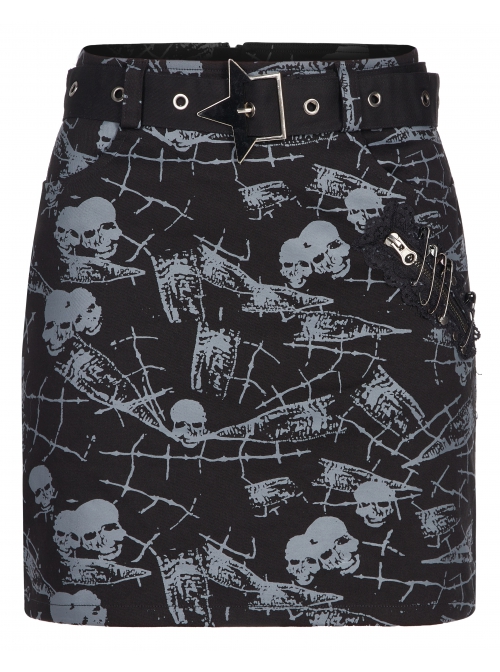 Goth Cotton Stretch Removable Belt Skull Pattern Print Decoration Skirt