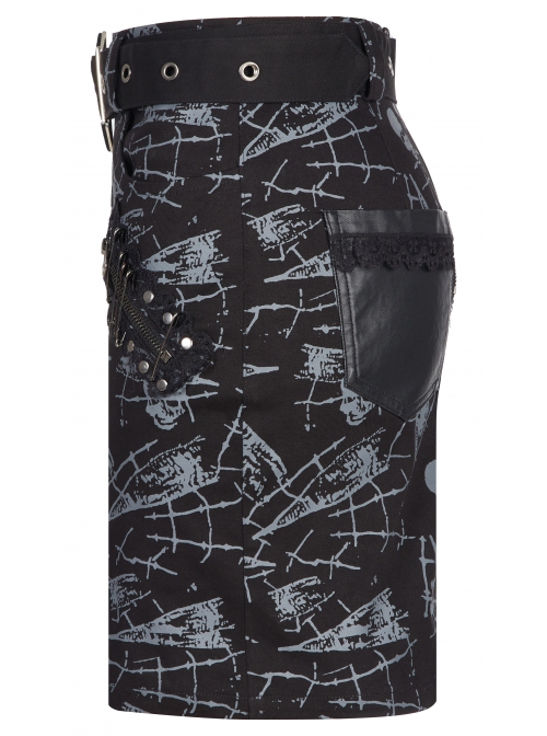 Goth Cotton Stretch Removable Belt Skull Pattern Print Decoration Skirt