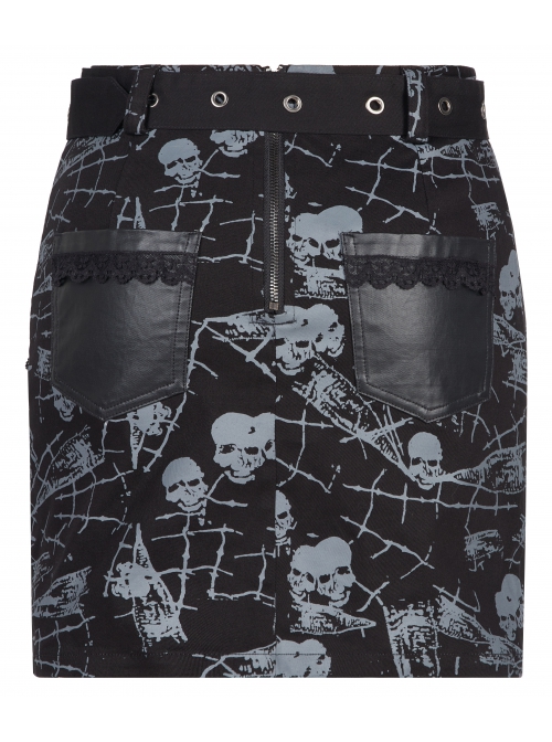 Goth Cotton Stretch Removable Belt Skull Pattern Print Decoration Skirt