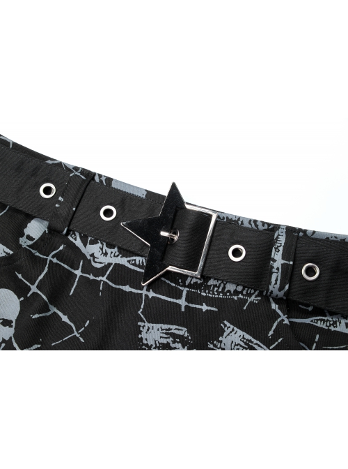 Goth Cotton Stretch Removable Belt Skull Pattern Print Decoration Skirt