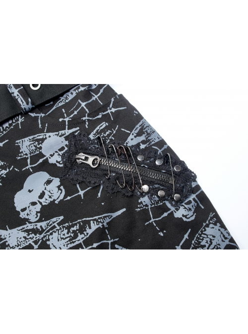 Goth Cotton Stretch Removable Belt Skull Pattern Print Decoration Skirt