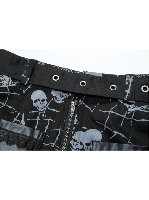 Goth Cotton Stretch Removable Belt Skull Pattern Print Decoration Skirt