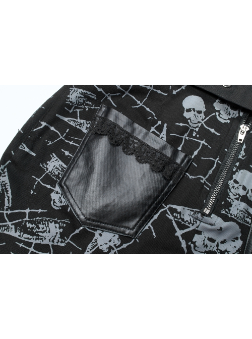 Goth Cotton Stretch Removable Belt Skull Pattern Print Decoration Skirt