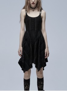 Goth Knitted Texture Fabric Hardware Decorative Buckle Asymmetric Slip Dress