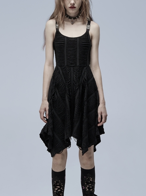 Goth Knitted Texture Fabric Hardware Decorative Buckle Asymmetric Slip Dress