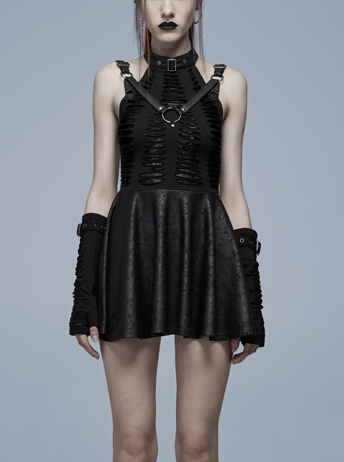 Goth Knitting And Mesh Stitching Metal Belt Decoration Skirt Print Pattern Sexy Cut Dress