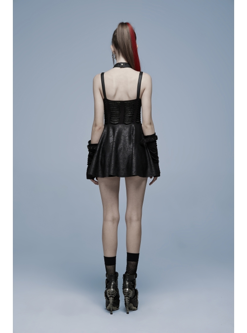 Goth Knitting And Mesh Stitching Metal Belt Decoration Skirt Print Pattern Sexy Cut Dress