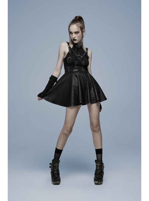 Goth Knitting And Mesh Stitching Metal Belt Decoration Skirt Print Pattern Sexy Cut Dress
