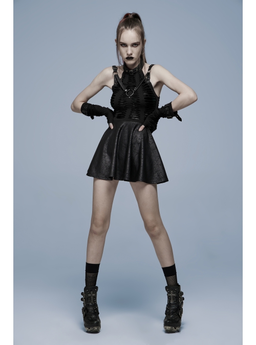 Goth Knitting And Mesh Stitching Metal Belt Decoration Skirt Print Pattern Sexy Cut Dress