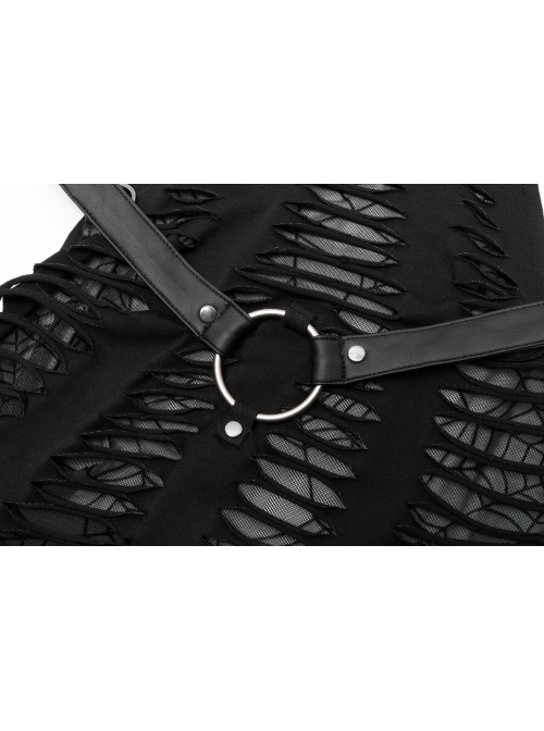 Goth Knitting And Mesh Stitching Metal Belt Decoration Skirt Print Pattern Sexy Cut Dress